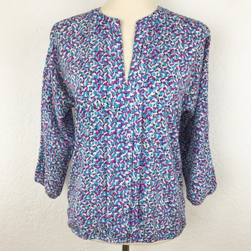 Ann Taylor Abstract Floral Colorful Blouse Jewel Tones Elastic Hem Cuffs V-Neck
